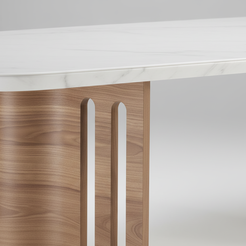 Base da mesa de jantar em madeira com recortes verticais e acabamento amadeirado
