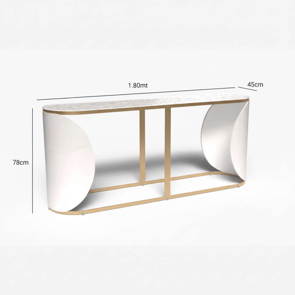 Console/Aparador Izzy com medidas 1,80m x 78cm x 45cm e recortes semicirculares