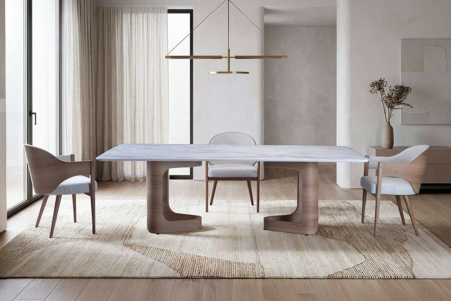 Mesa de jantar com tampo de vidro retangular claro e base de madeira robusta