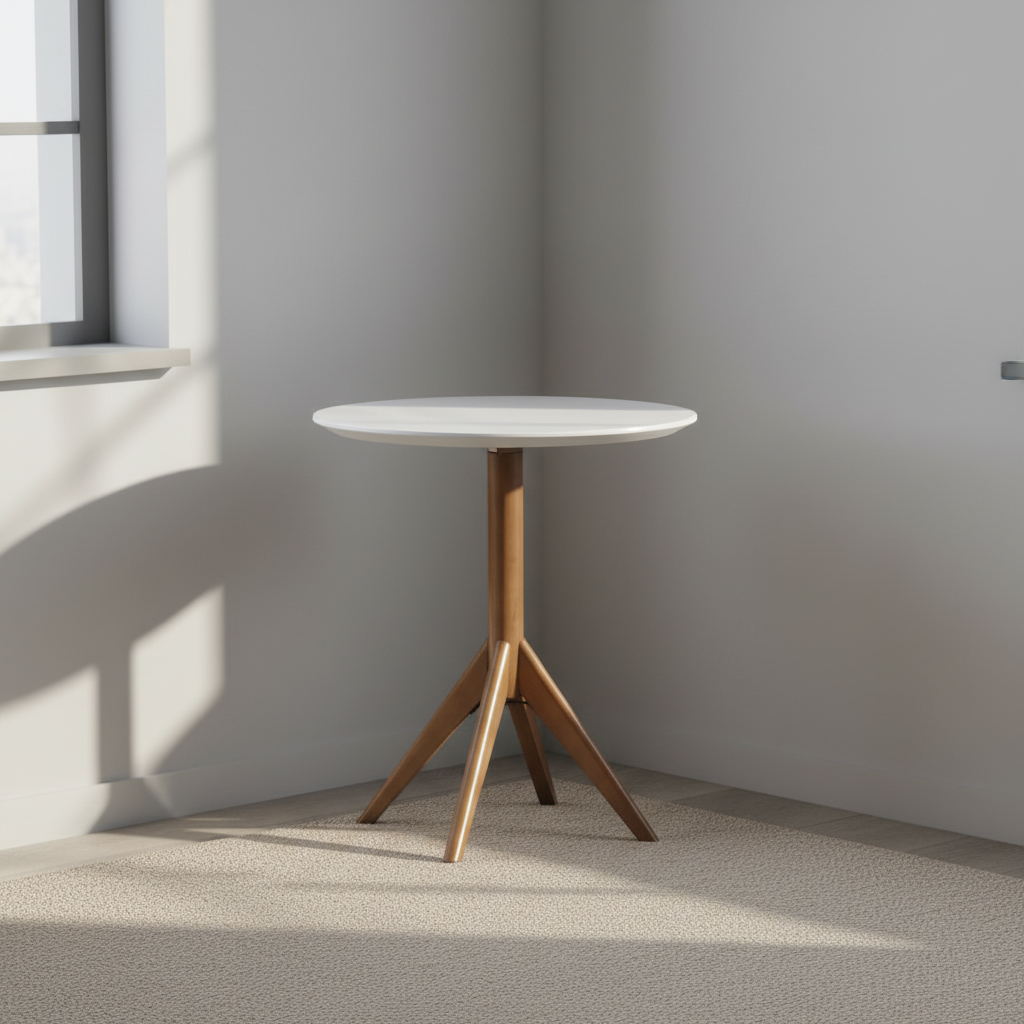 Mesa de apoio com tampo redondo branco e base trípode em madeira clara