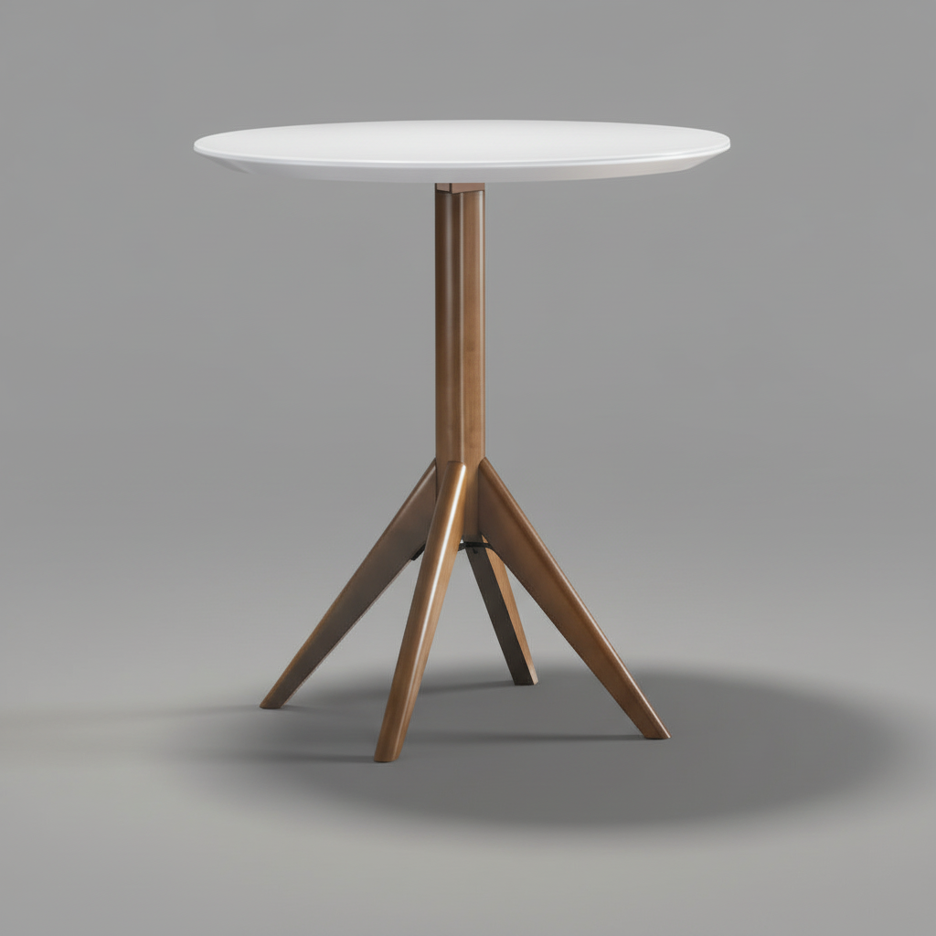 Mesa de apoio com tampo redondo branco e base de três pernas em madeira