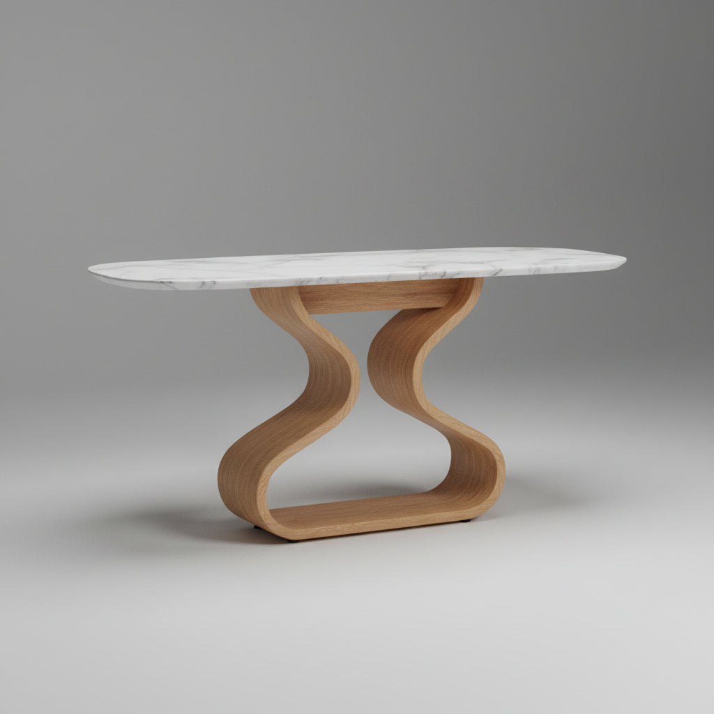 Aparador/console com tampo branco e base de madeira ondulada em formato de X
