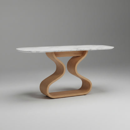 Aparador/console com tampo branco e base de madeira ondulada em formato de X