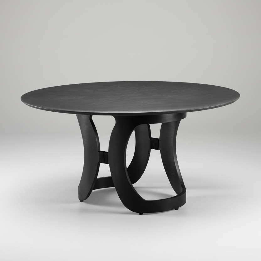 Mesa de jantar redonda escura com tampo e base em tom preto