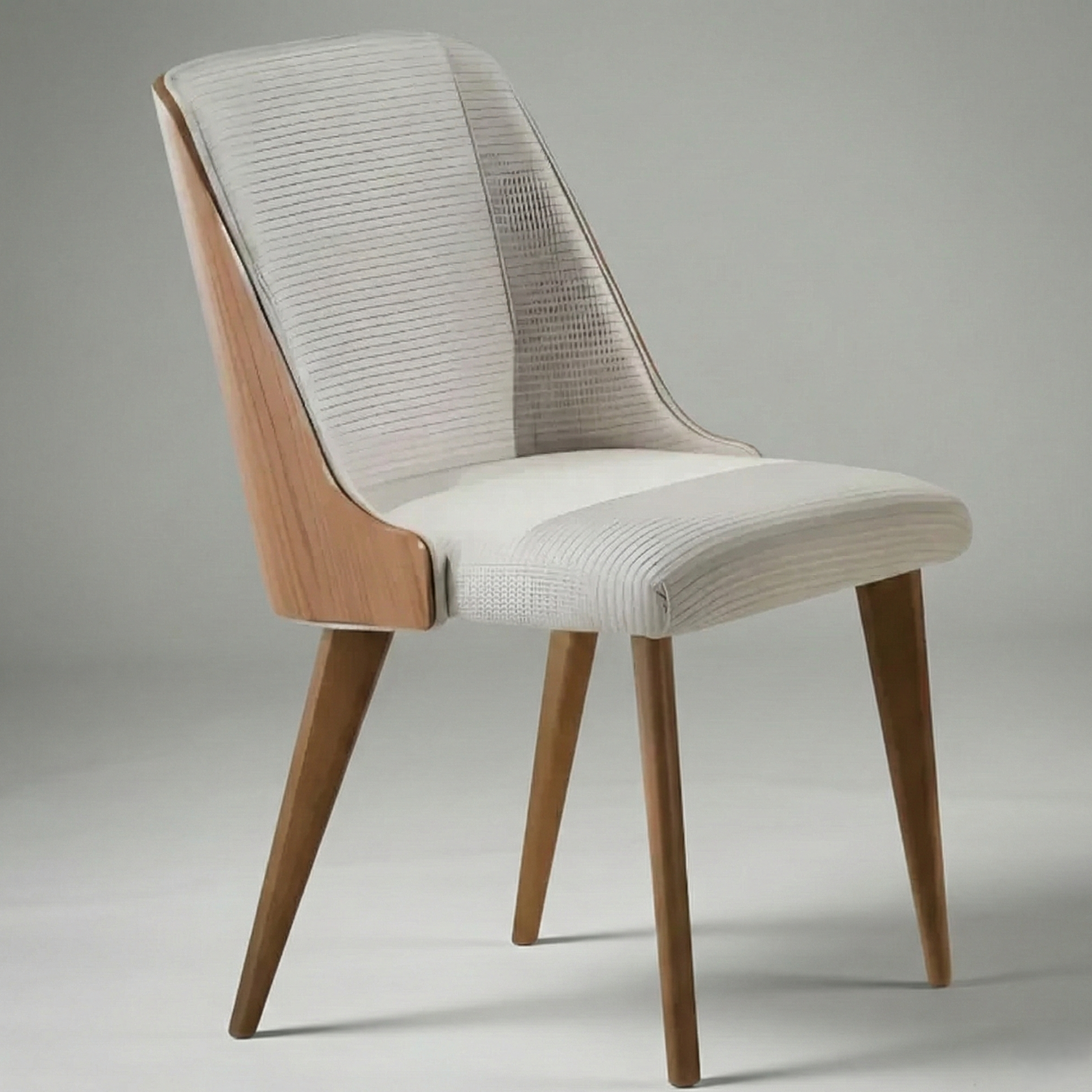 Cadeira de jantar estofada off-white com encosto e assento listrados, base de madeira clara