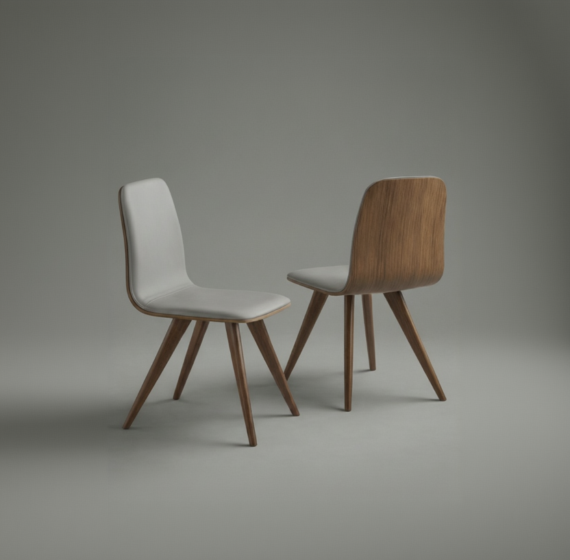Conjunto de duas cadeiras de jantar com assento claro e base de madeira