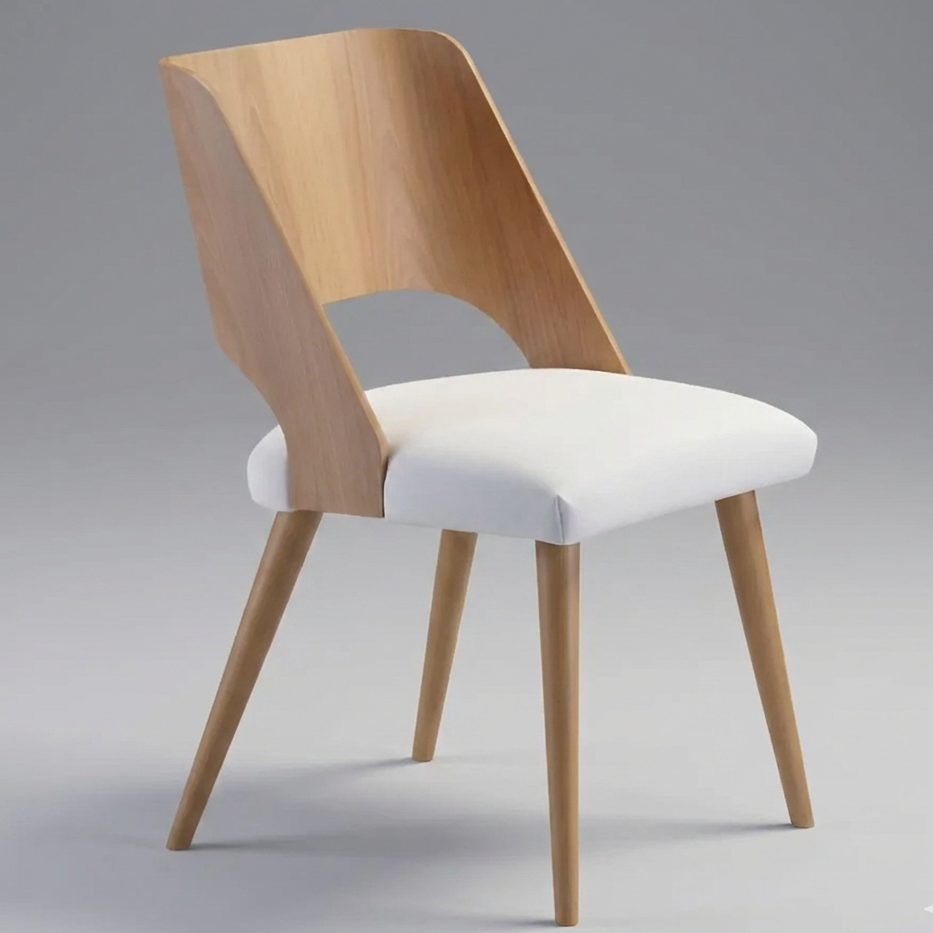 Cadeira de jantar Melina com assento claro e encosto de madeira marrom, design recortado