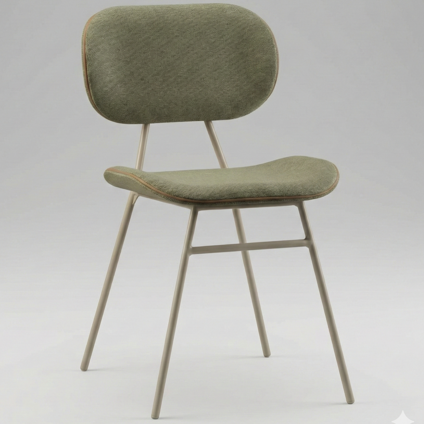 Cadeira de jantar com assento e encosto oval em tecido verde, base com pernas claras