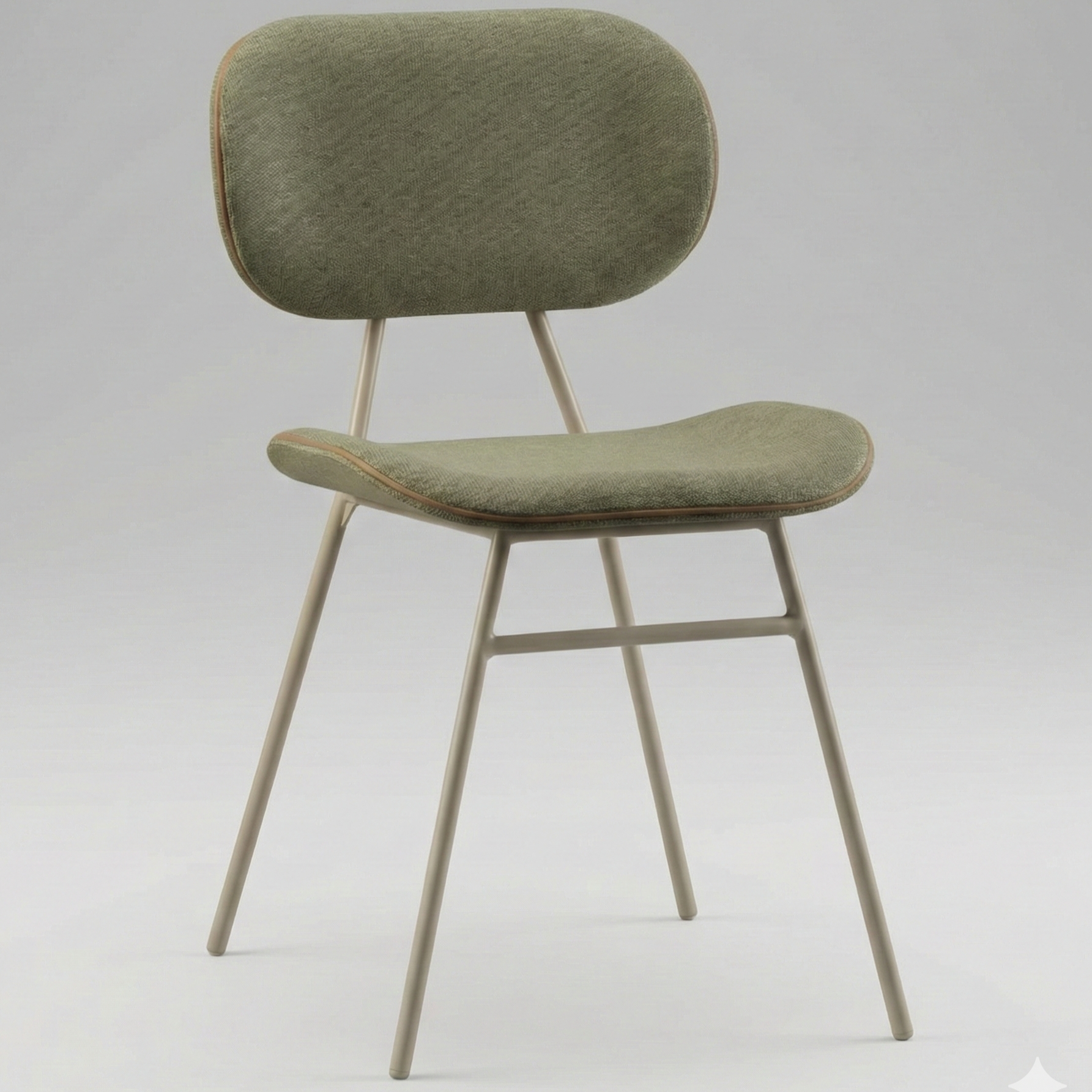 Cadeira de jantar com assento e encosto oval em tecido verde, base com pernas claras