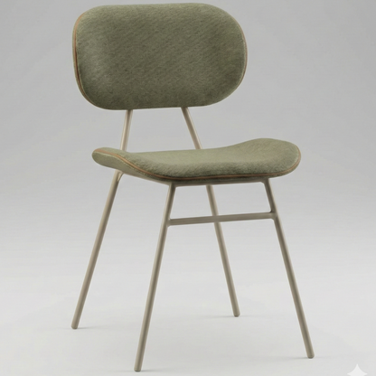 Cadeira de jantar com assento e encosto oval em tecido verde, base com pernas claras