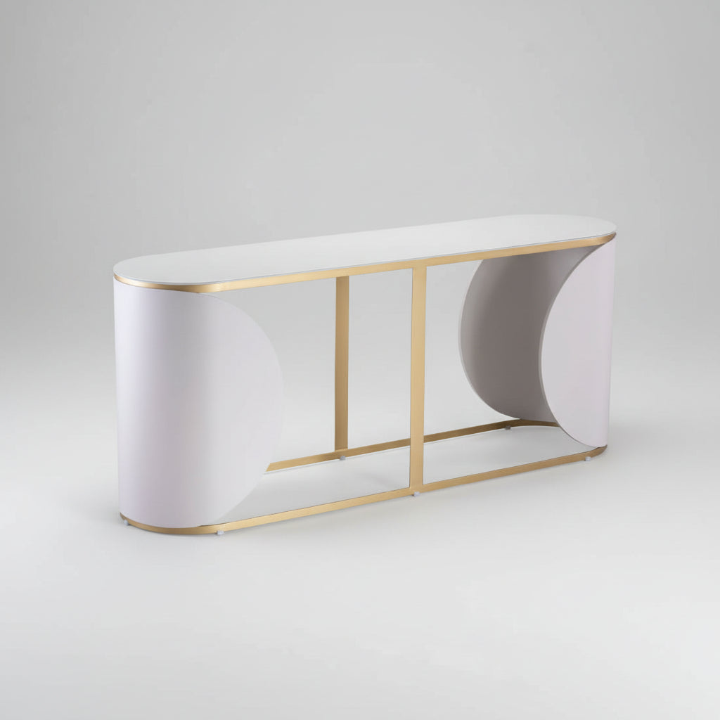 Console/Aparador Izzy branco com estrutura dourada e recortes laterais semicirculares