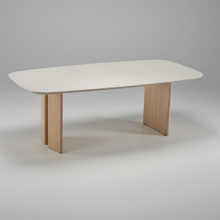 Mesa de jantar com tampo de vidro e base de madeira clara, formato retangular