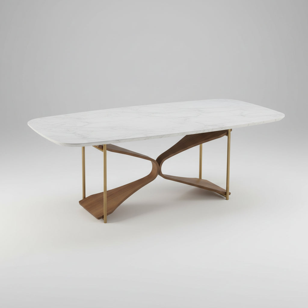 Mesa de jantar Nádia com tampo claro mesclado e pés de madeira em formato X