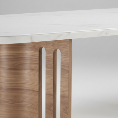Base da mesa de jantar em madeira com recortes verticais e acabamento amadeirado