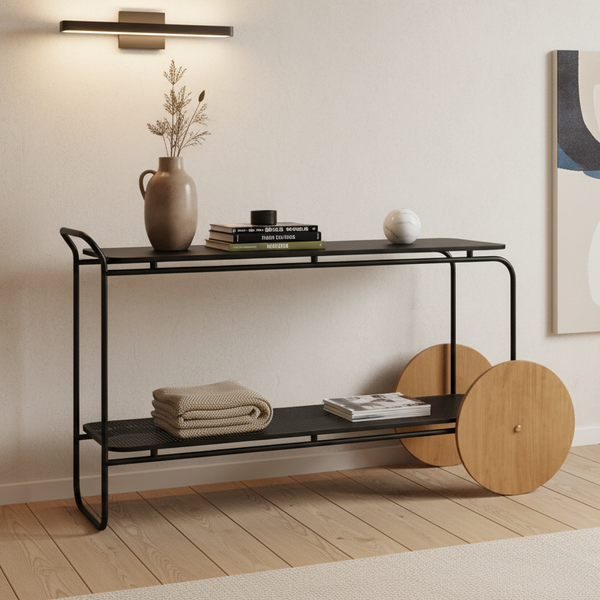 Aparador City Champagne com Rodas - Tampos e Metal Preto