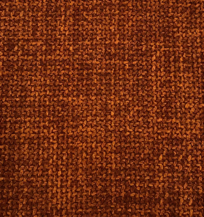 Tecido texturizado laranja-marrom do assento, com trama aparente.