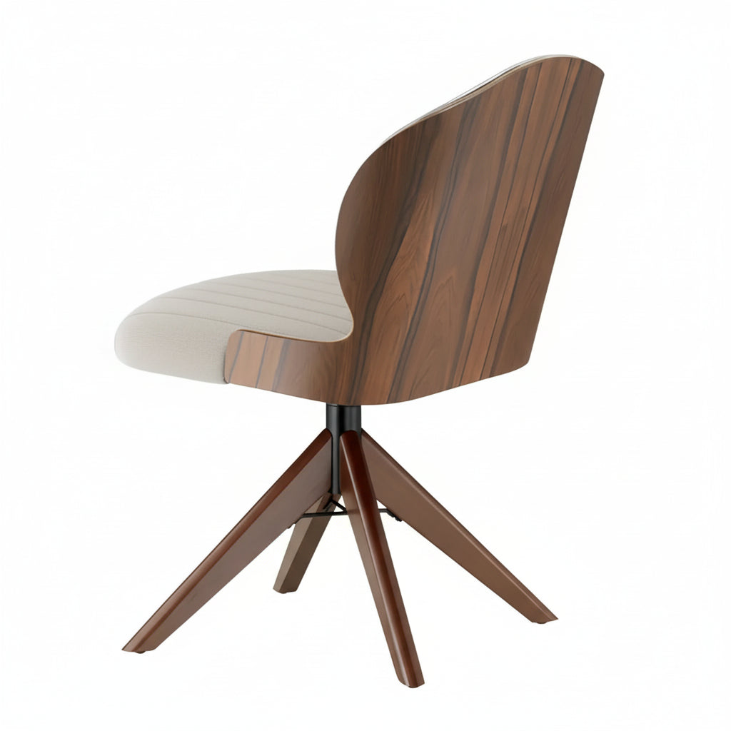 Cadeira de jantar estofada clara com encosto curvo e base de madeira com três pernas