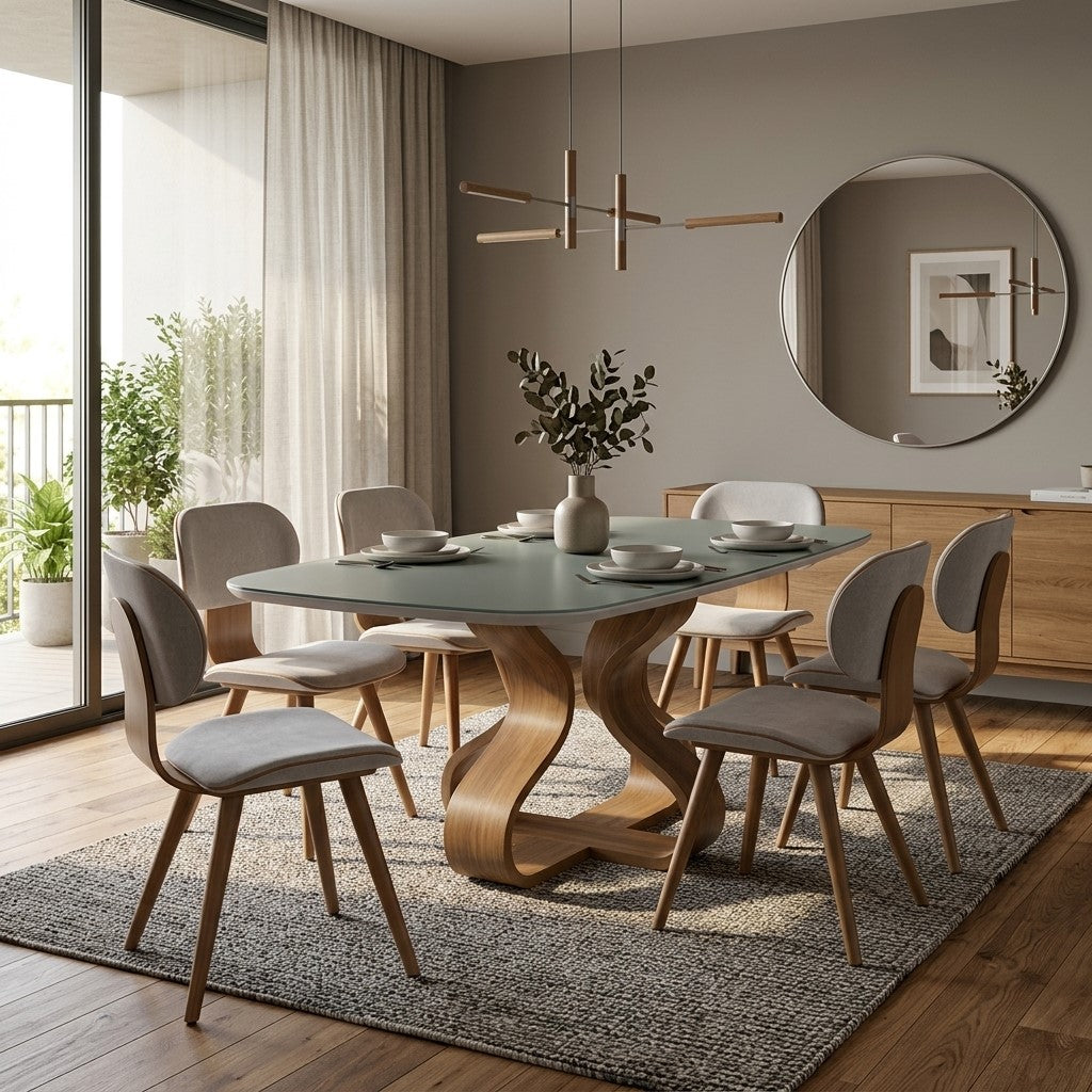 Mesa de jantar com tampo de vidro e base entalhada em madeira clara, estilo barril
