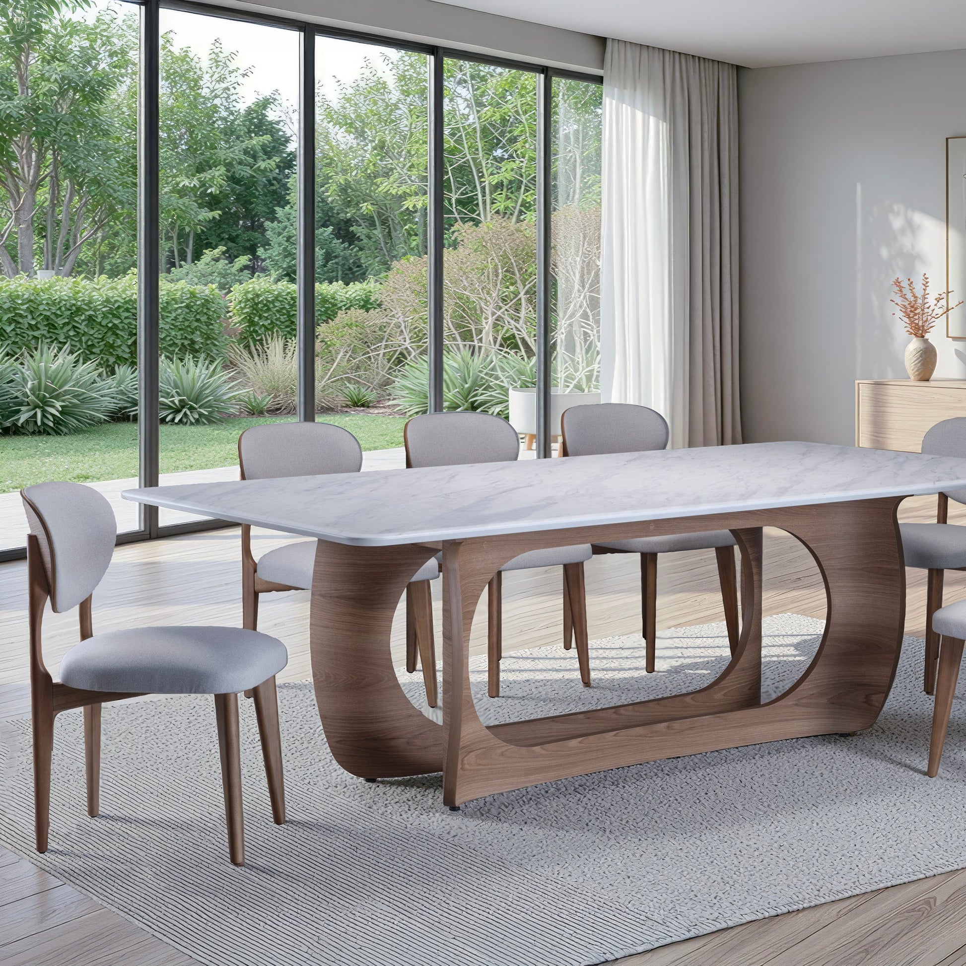 Mesa de jantar com tampo de vidro e base de madeira, formato retangular