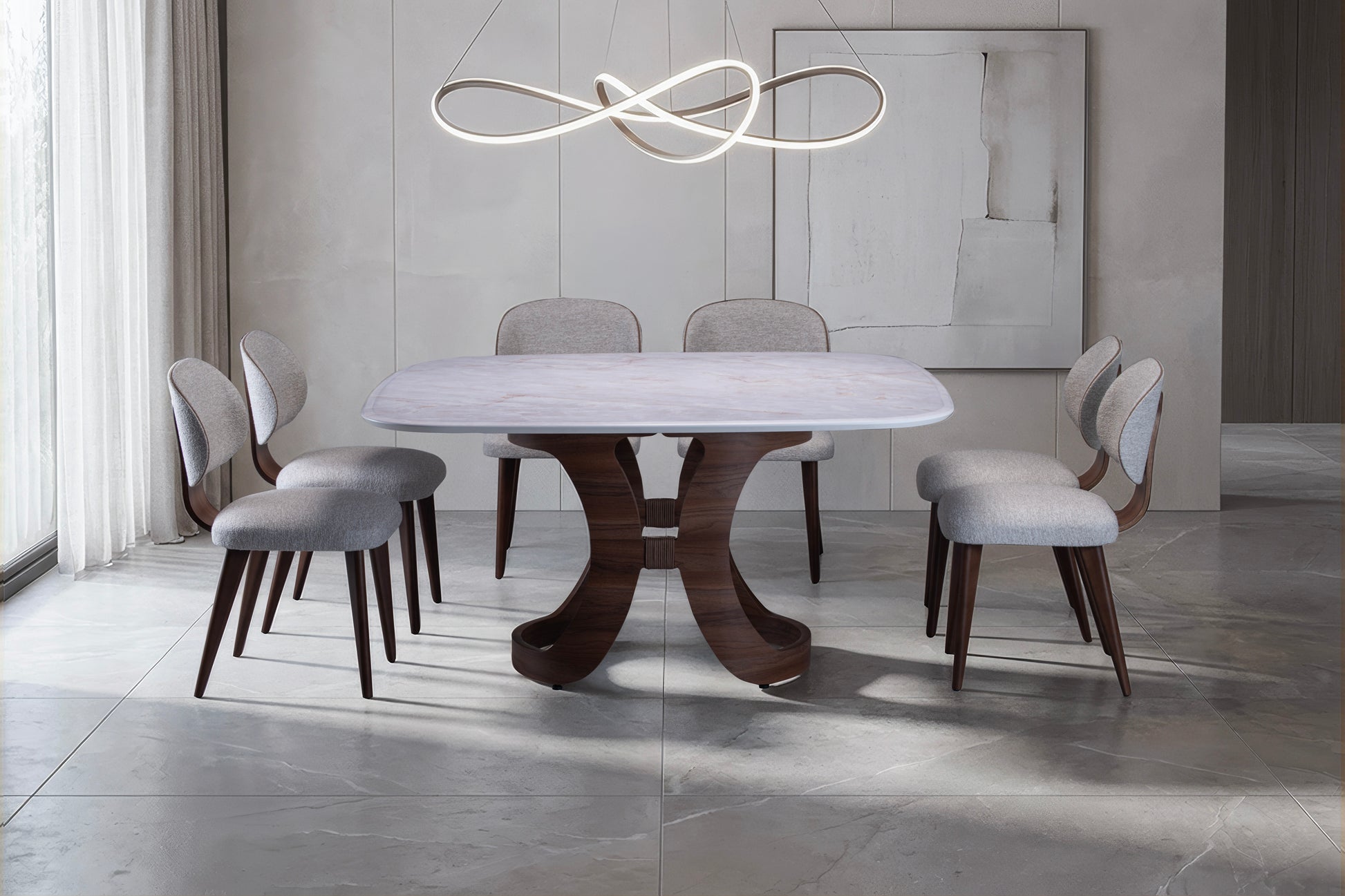 Mesa de jantar redonda com tampo branco e base curvada em madeira escura