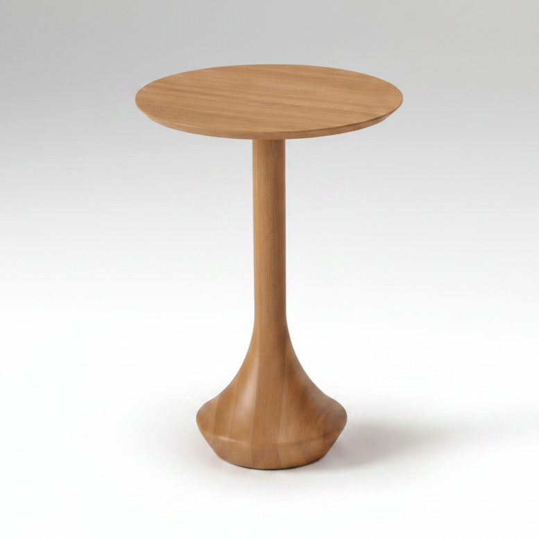 Mesa auxiliar alta Mahal de madeira, tampo redondo e base pedestal.