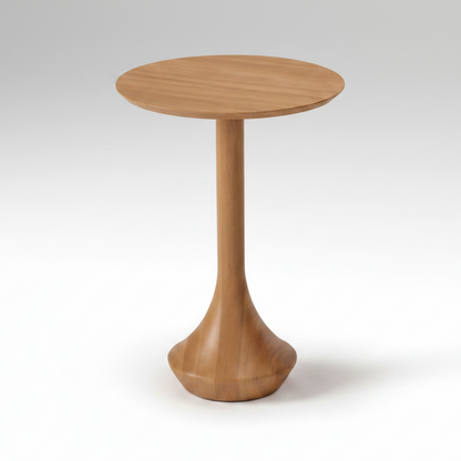 Mesa auxiliar alta Mahal de madeira, tampo redondo e base pedestal.