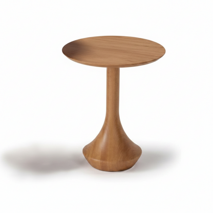 Mesa auxiliar baixa de madeira com tampo redondo e base pedestal em forma de sino.