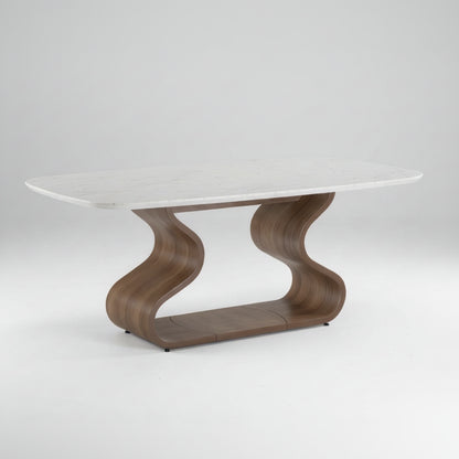 Mesa de jantar com tampo de vidro claro e base amadeirada curva
