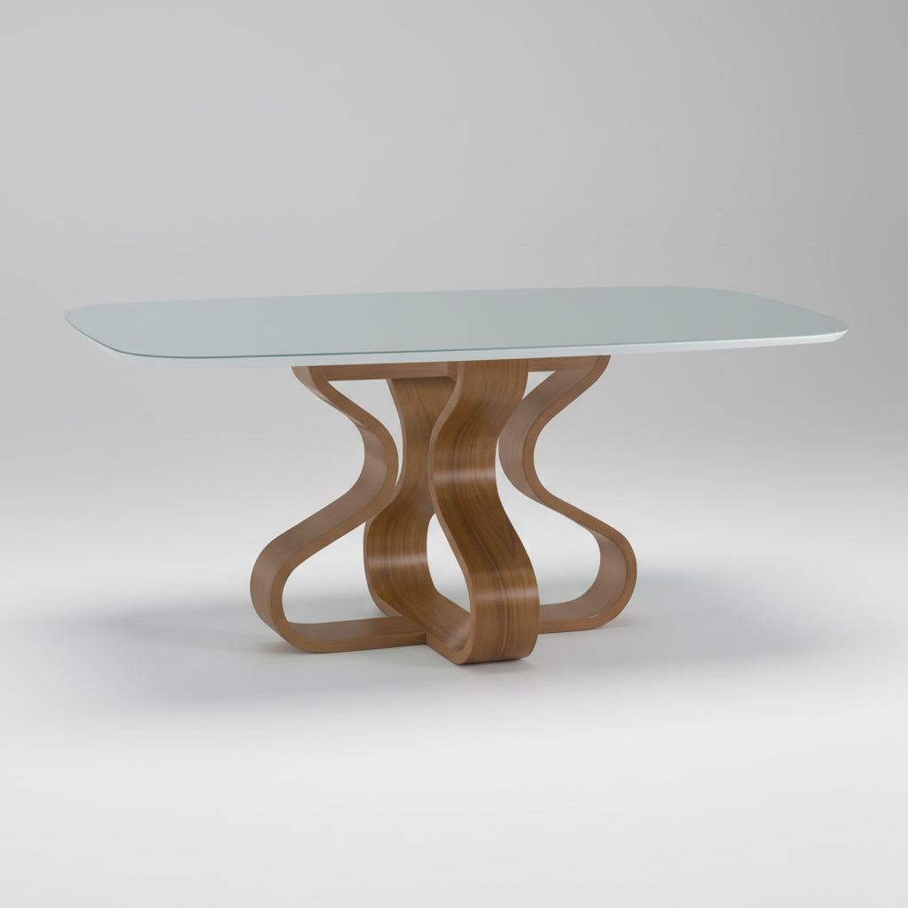 Mesa de jantar com tampo de vidro transparente e base em madeira clara, formato barril