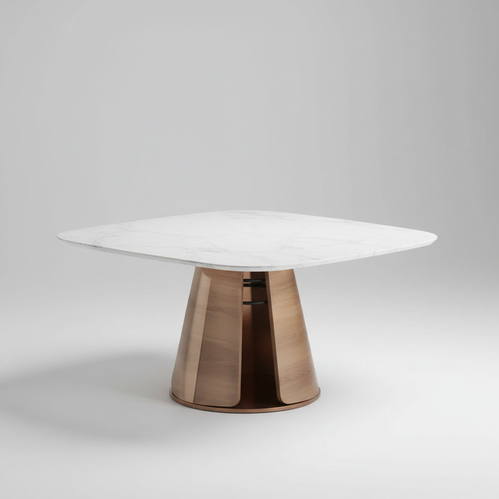 Mesa de jantar com tampo de vidro claro e base central em madeira clara, formato circular