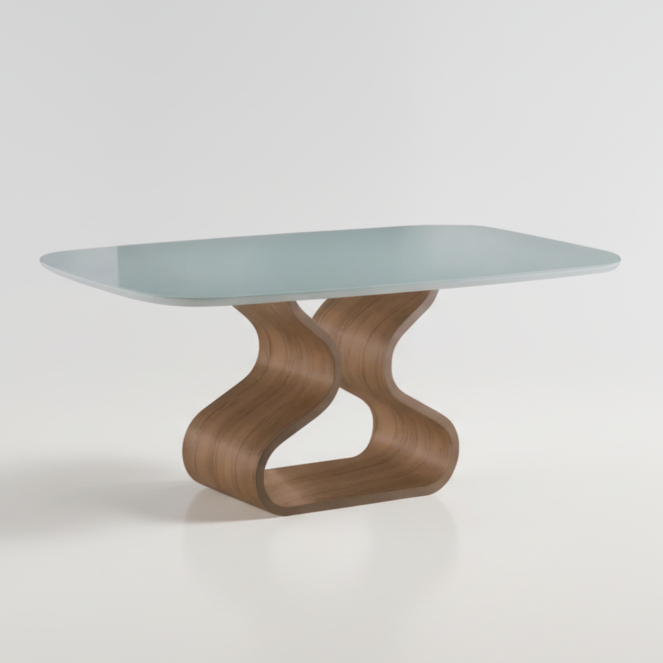 Mesa de jantar com tampo de vidro cinza-esverdeado e base amadeirada ondulada
