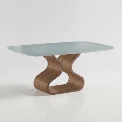 Mesa de jantar com tampo de vidro cinza-esverdeado e base amadeirada ondulada
