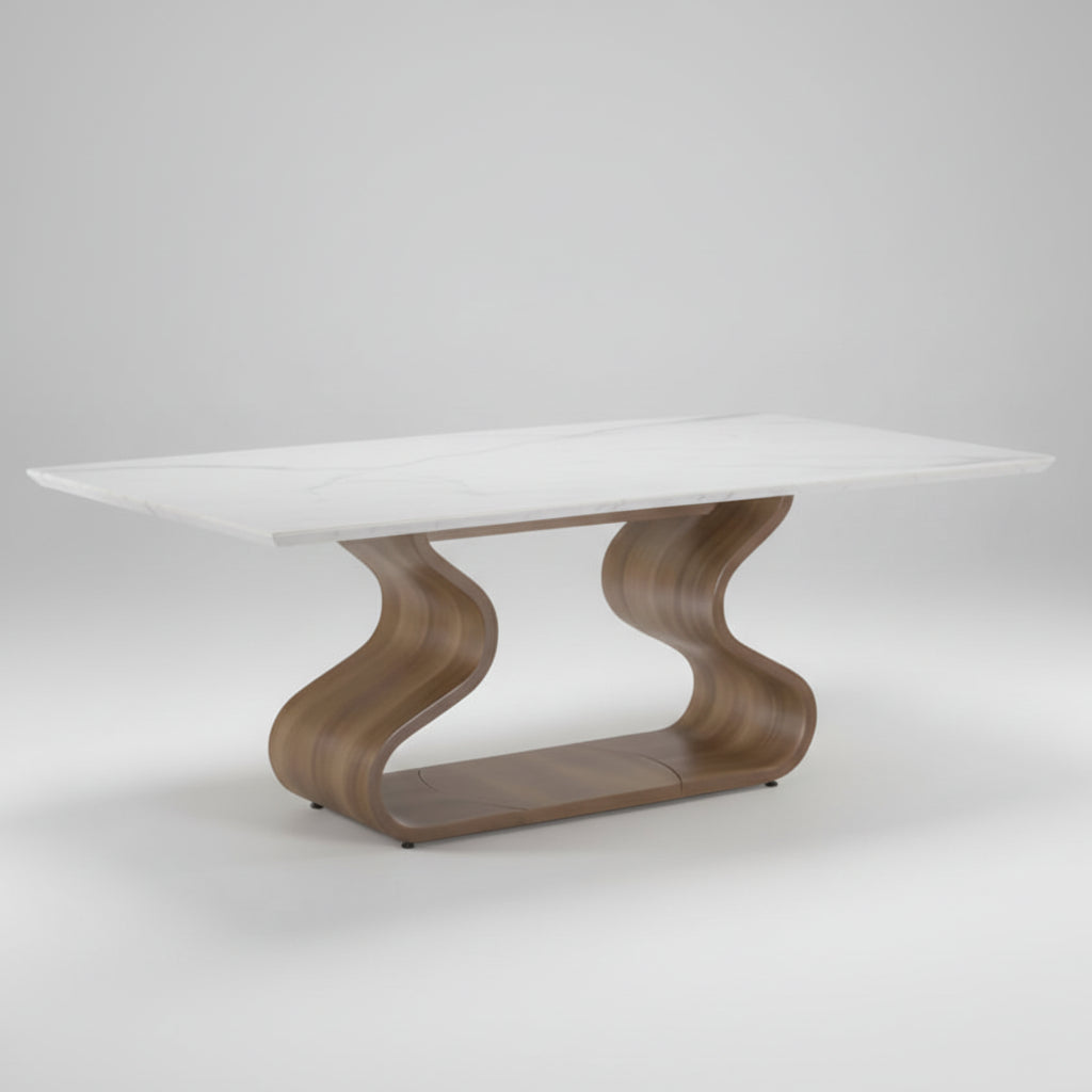 Mesa de jantar com tampo de vidro branco e base de madeira ondulada