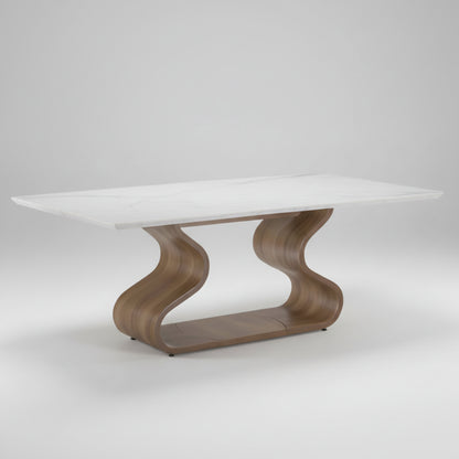 Mesa de jantar com tampo de vidro branco e base de madeira ondulada